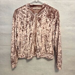 Velvet Velour Cropped Lightweight Zipper Front Jacket in‎ Soft Pink Size Medium